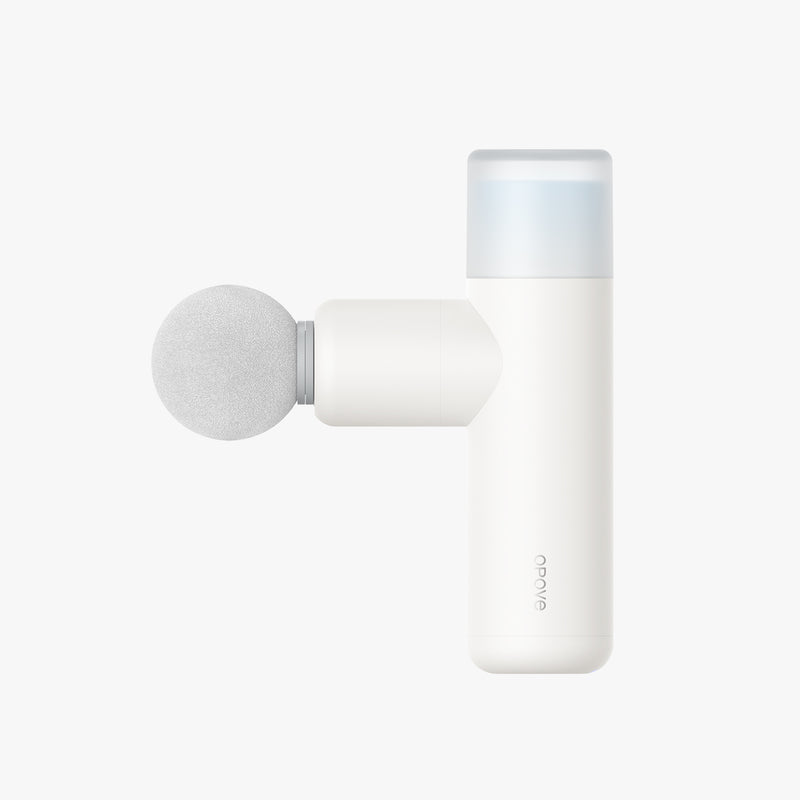 Opove M3 Mini - A white handheld massage gun with a round gray foam head. 